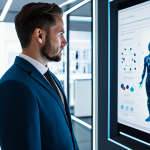 A focused professional AI developer, fully clothed in a modest business suit, stands in a sleek, futuristic tech lab. They are interacting with a large, transparent holographic display showing intricate data visualizations of language models and neural networks, symbolizing deep customization and fine-tuning for a specific brand voice. The environment is clean, well-lit, and futuristic, with subtle glowing lines indicating advanced technology. Perfect anatomy, natural pose, correct proportions, well-formed hands, proper finger count, natural body proportions. Professional photography, high quality, safe for work, appropriate content, fully clothed, professional dress.