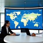 A professional, diverse group of international business people, fully clothed in modest business attire, collaborating in a modern, sunlit global conference room. They are actively engaging with a sleek, transparent AI interface displayed on large holographic screens, facilitating real-time, seamless cross-cultural communication. Subtle lines of data flow and glowing world maps are visible in the background, symbolizing global connectivity. The atmosphere is highly efficient and collaborative. safe for work, appropriate content, fully clothed, professional, perfect anatomy, correct proportions, natural pose, well-formed hands, proper finger count, natural body proportions, high-quality corporate photography, professional dress.