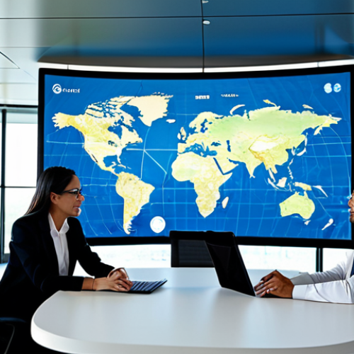 Home 7 A professional, diverse group of international business people, fully clothed in modest business attire, collaborating in a modern, sunlit global conference room. They are actively engaging with a sleek, transparent AI interface displayed on large holographic screens, facilitating real-time, seamless cross-cultural communication. Subtle lines of data flow and glowing world maps are visible in the background, symbolizing global connectivity. The atmosphere is highly efficient and collaborative. safe for work, appropriate content, fully clothed, professional, perfect anatomy, correct proportions, natural pose, well-formed hands, proper finger count, natural body proportions, high-quality corporate photography, professional dress.