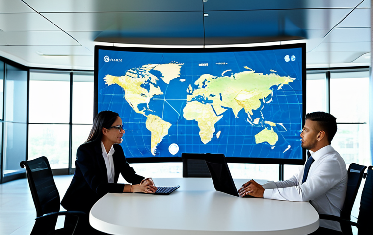 A professional, diverse group of international business people, fully clothed in modest business attire, collaborating in a modern, sunlit global conference room. They are actively engaging with a sleek, transparent AI interface displayed on large holographic screens, facilitating real-time, seamless cross-cultural communication. Subtle lines of data flow and glowing world maps are visible in the background, symbolizing global connectivity. The atmosphere is highly efficient and collaborative. safe for work, appropriate content, fully clothed, professional, perfect anatomy, correct proportions, natural pose, well-formed hands, proper finger count, natural body proportions, high-quality corporate photography, professional dress.