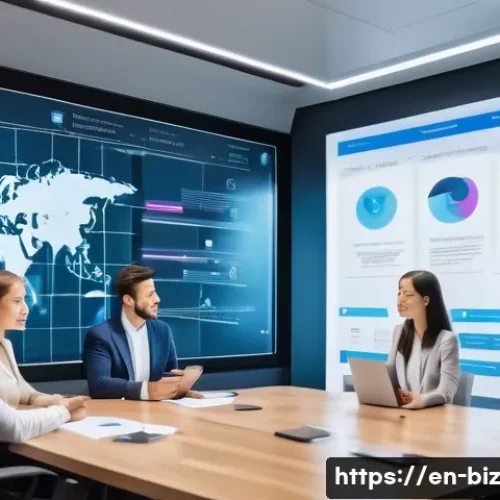 비즈니스에서 언어 AI의 성공 사례 - A modern office environment where a diverse team collaborates around a large conference table, with ...