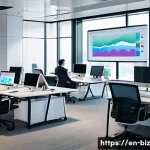 언어 AI의 비즈니스 모델 탐색 - A modern office environment showcasing diverse professionals gathered around a sleek conference tabl...