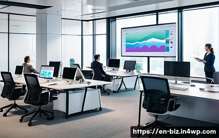 언어 AI의 비즈니스 모델 탐색 - A modern office environment showcasing diverse professionals gathered around a sleek conference tabl...