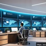 언어 AI의 고객 관계 형성 전략 - A modern customer service center scene showcasing diverse professionals collaborating with AI-powere...