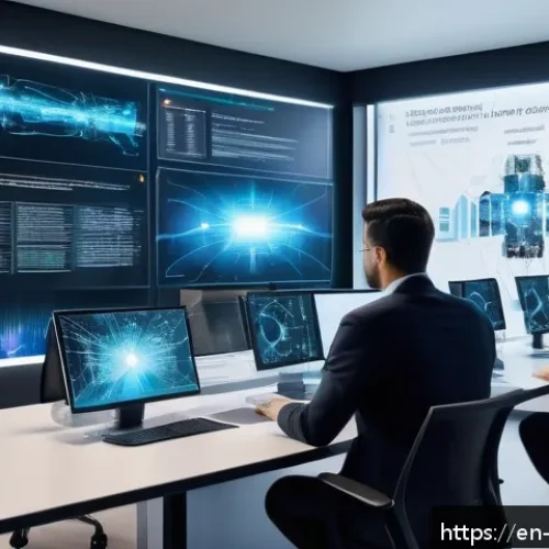 언어 AI의 경쟁력 있는 기업 분석 - A futuristic corporate office scene showing diverse tech professionals collaborating around a large ...