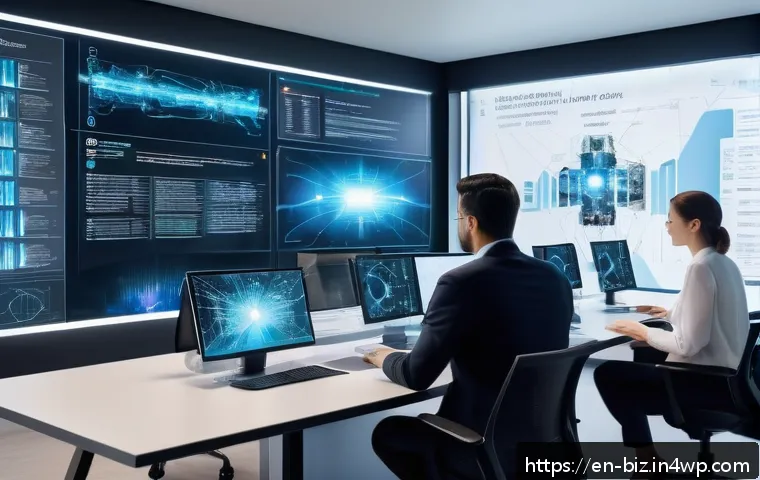 언어 AI의 경쟁력 있는 기업 분석 - A futuristic corporate office scene showing diverse tech professionals collaborating around a large ...