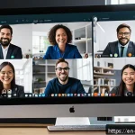 언어 AI와 크로스 플랫폼 솔루션 - A diverse group of remote workers collaborating on a virtual meeting displayed on a large computer s...
