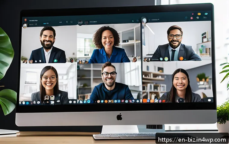 언어 AI와 크로스 플랫폼 솔루션 - A diverse group of remote workers collaborating on a virtual meeting displayed on a large computer s...
